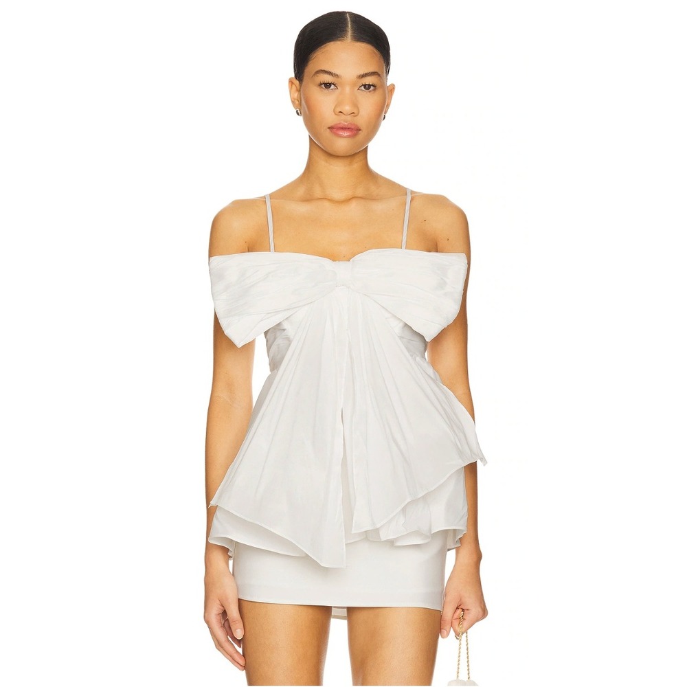 Aje Scarlett Top Ivory White Bow Pleated Peplum Blouse Sleeveless Womens US 8